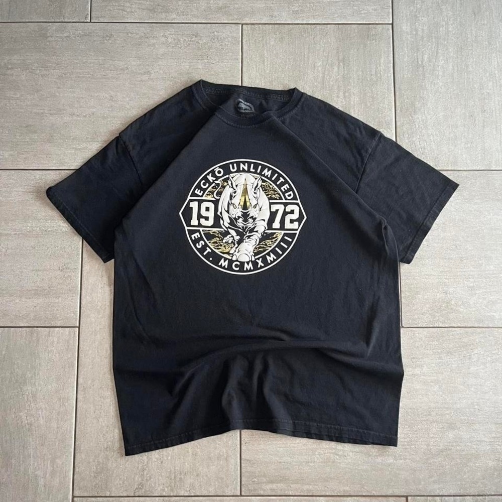 Black Ecko Unltd. tee with white and gold rhinoceros graphic